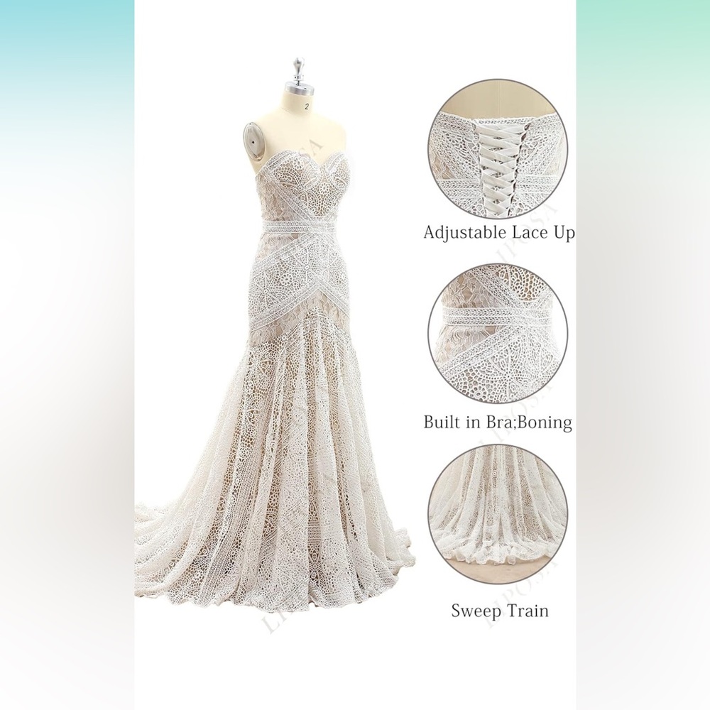 LIPOSA Bohemian Wedding Dress Sweetheart Mermaid Lace Bridal Gown, NWT Size 10